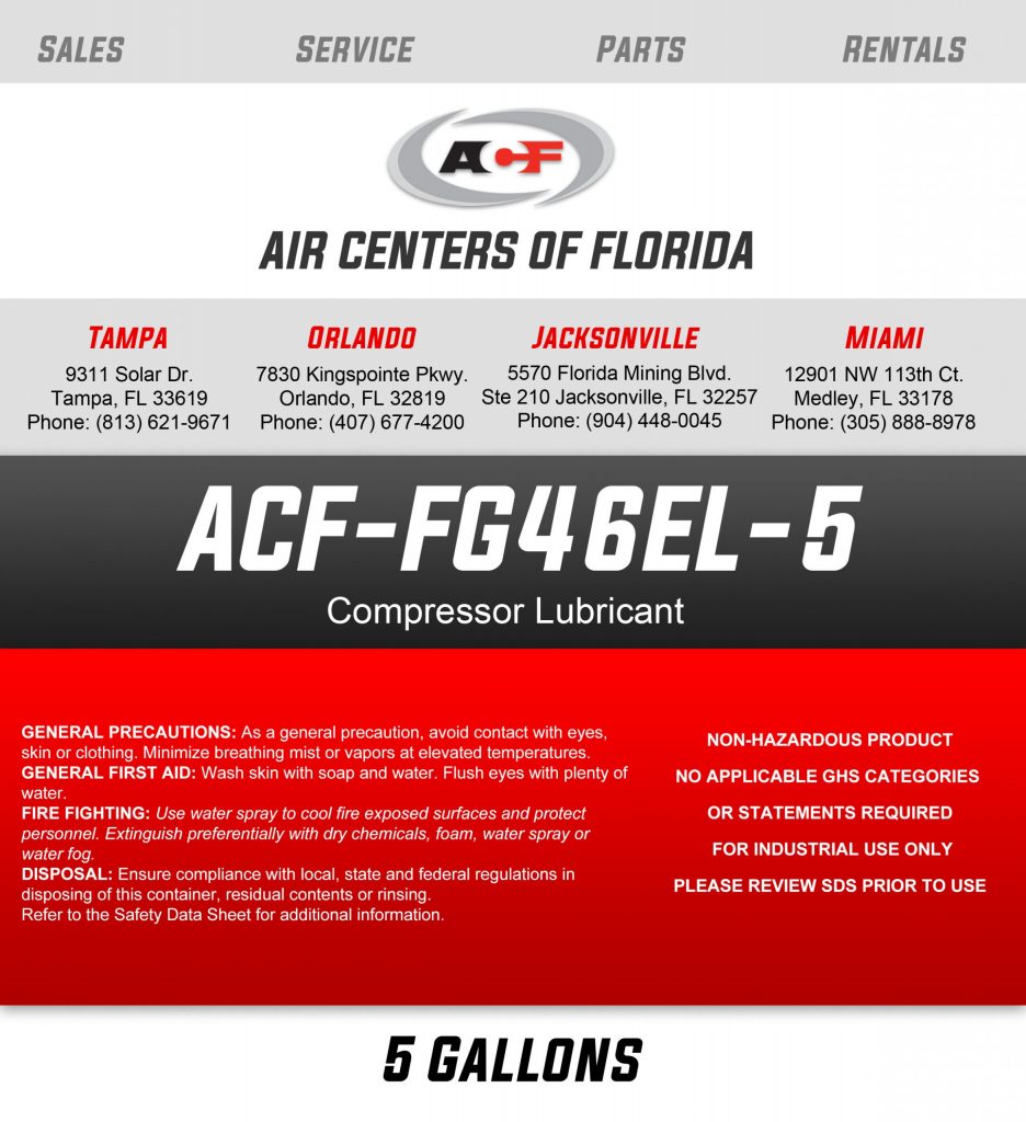 A label for a product named "acf-50 anti-corrosion lubricant - 5 gallons" with various company details, displaying logos of Arle Compressors of Florida, and text indicating