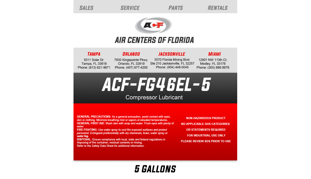 This image features a label or informational placard for "acf-fg460el-5 commercial lubricant," which is advertised as a non-hazardous product with no sulfur or chlorine, suitable for
