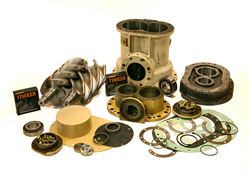 An assortment of mechanical parts and components including bearings, gaskets, and a disassembled turbocharger from Arle Compressors of Florida on a neutral background.