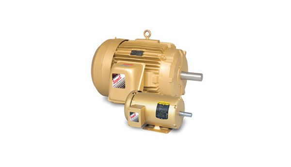 Industrial electric motor from Arle Compressors of Florida with a gold and silver finish, featuring external cooling fins and dual shaft ends.