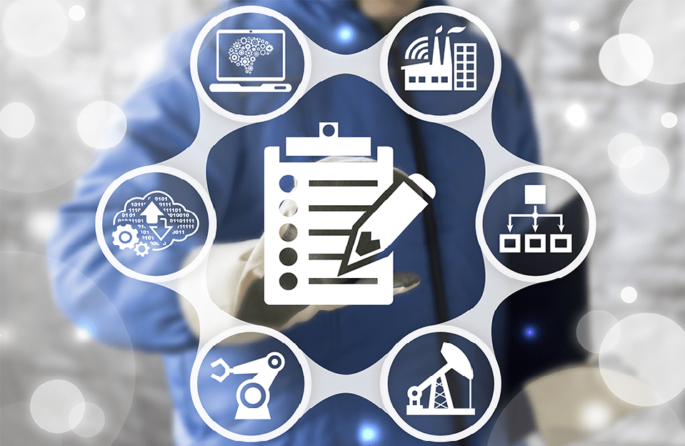 A professional in a blur interacting with a futuristic interface featuring icons representing various industrial and technological concepts, including automation, data, connectivity, manufacturing, and Arle Compressors of Florida.