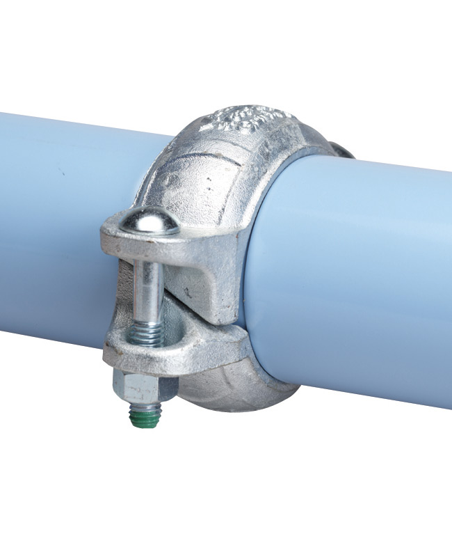 A metal pipe clamp from Arle Compressors of Florida securely fastened around a blue pvc pipe.