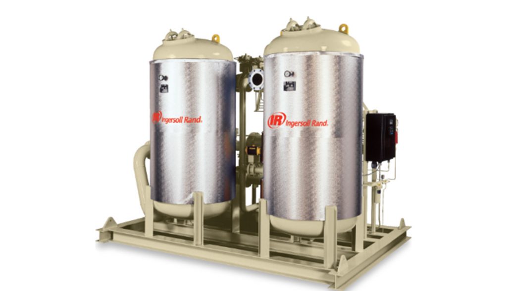 Twin industrial air compressors from Arle Compressors of Florida on a mounting skid, with branding visible on the tanks.
