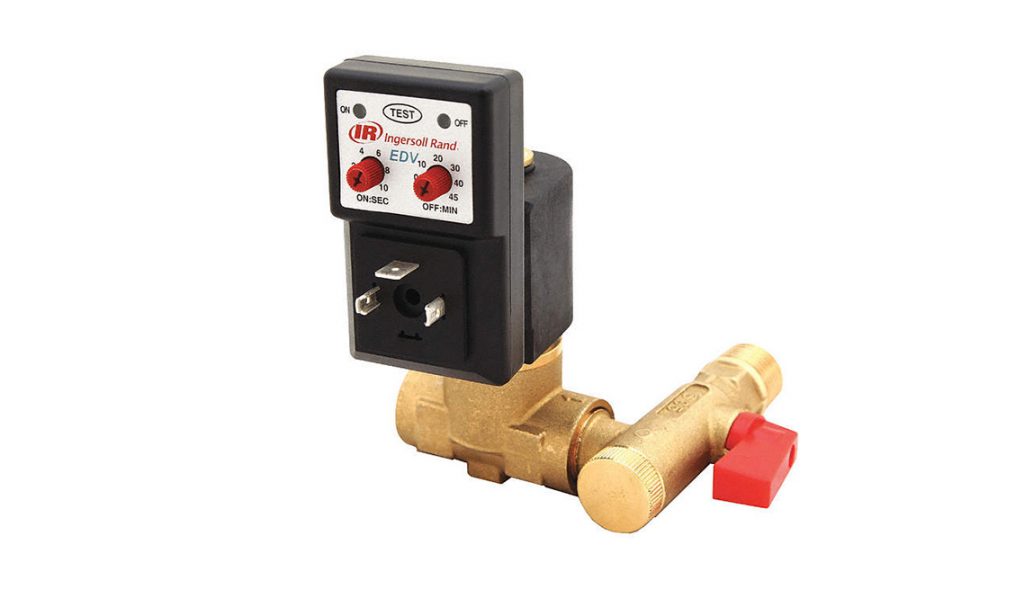 An industrial solenoid valve with manual override and an electronic control unit from Arle Compressors of Florida on a white background.