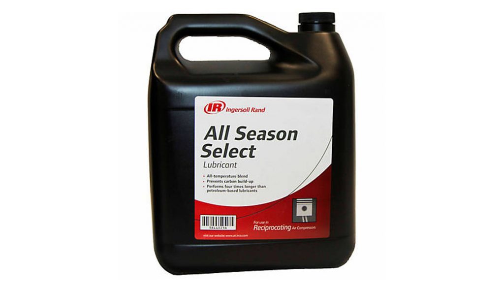 Plastic container of Ingersoll Rand All Season Select lubricant from Arle Compressors of Florida, showcasing its multi-temperature blend features and suitability for use in reciprocating air compress