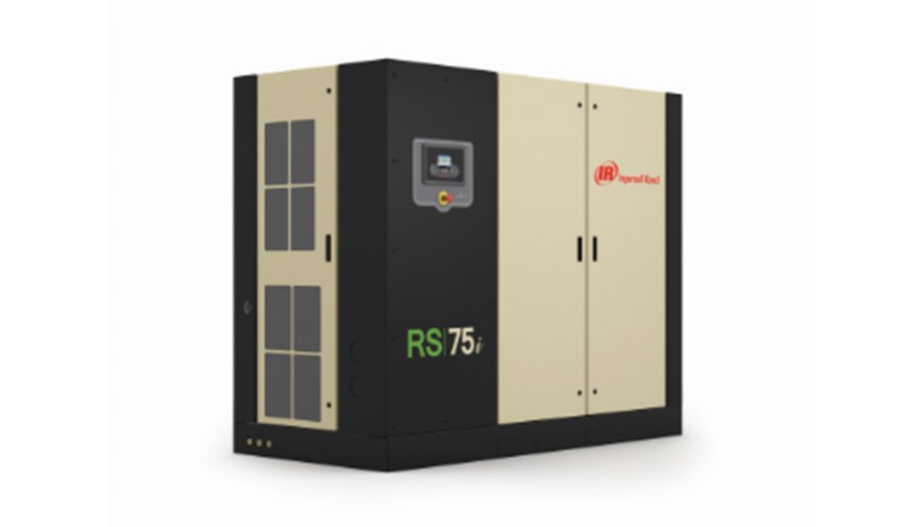 Industrial rotary screw air compressor with a digital control panel, featuring a black and beige color scheme, prominently displaying the 'rs 75' model number and the Arle Compressors of Florida logo on