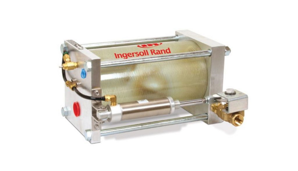 Ingersoll Rand industrial pneumatic cylinder with Arle Compressors of Florida metallic body and tubing connectors.