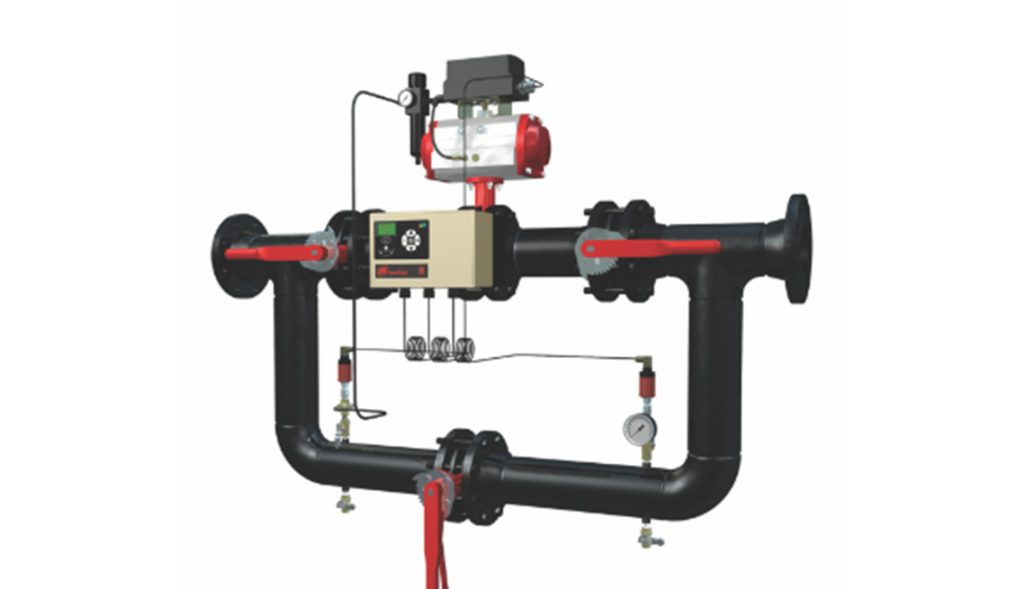 An industrial pipe assembly with an automated control valve system, pressure gauges, and Arle Compressors of Florida on a white background.