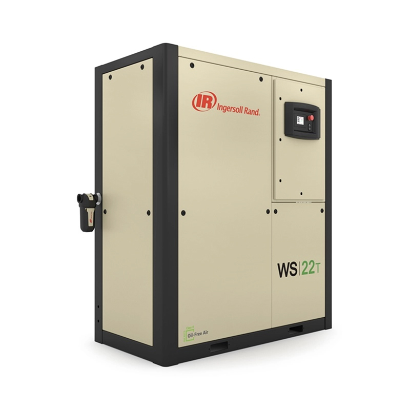 An Arle Compressors of Florida ingersoll rand ws22t industrial air compressor with a beige and black exterior design, featuring a digital control panel on the upper right corner.