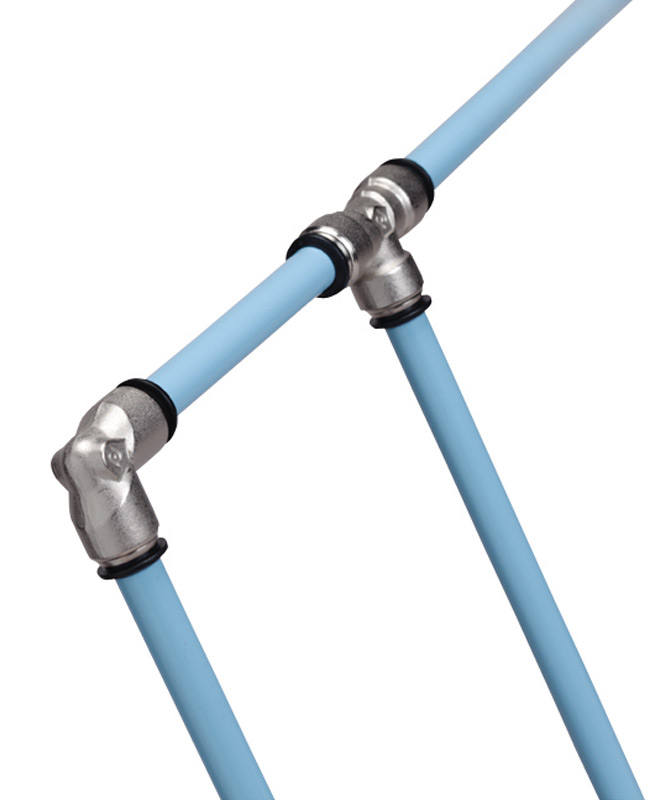 A close-up of two blue Arle Compressors of Florida metal pipes joined at an angle with silver metal connectors on a white background.