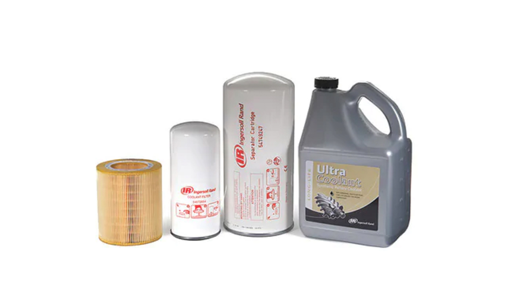 Various automotive products including an Arle Compressors of Florida oil filter, an air filter, and a jug of engine coolant on a white background.