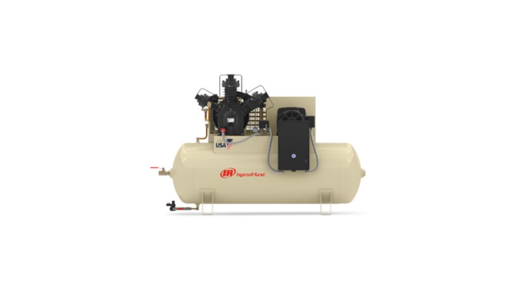 An industrial horizontal air compressor by Arle Compressors of Florida with a beige tank and black motor mounted on top, isolated on a white background.