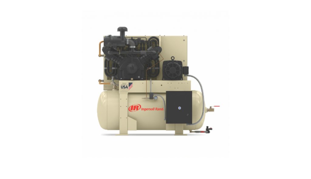 Stationary industrial Arle Compressors of Florida air compressor with tan and black color scheme on a white background.