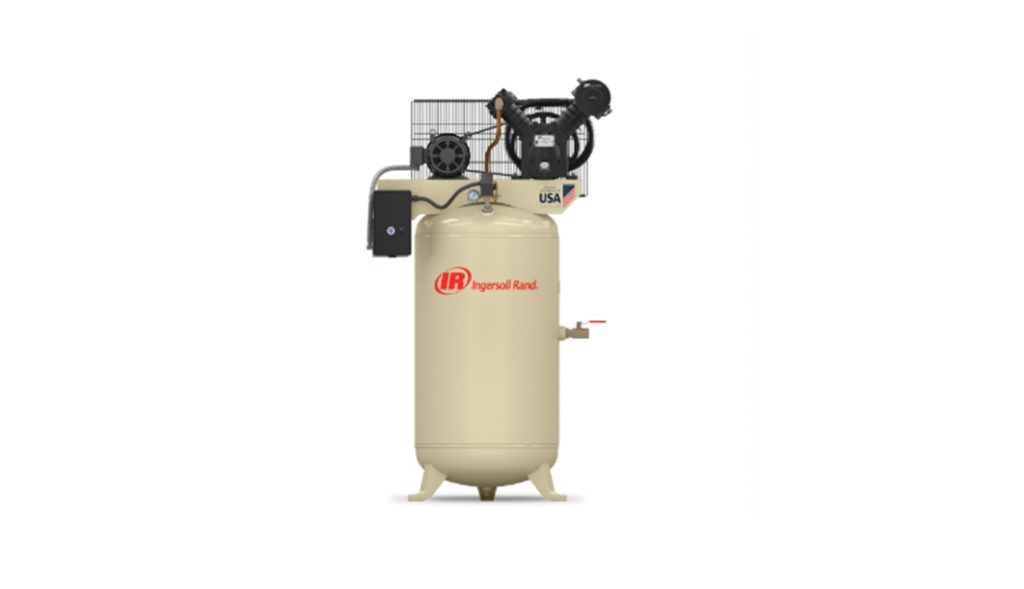 An industrial air compressor with a vertical tank and a motor on top, featuring the logo of Arle Compressors of Florida.