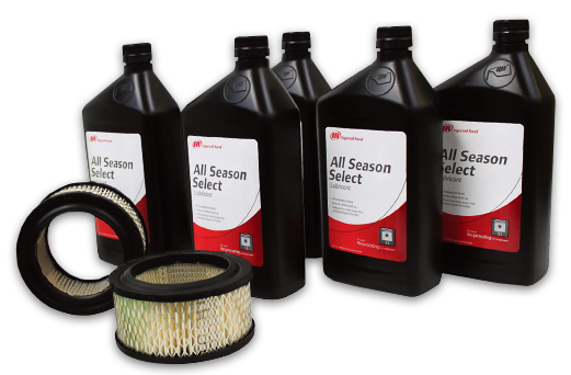 A collection of motor oil containers from Ingersoll Rand, alongside an air filter and a tire, representing vehicle maintenance products from Arle Compressors of Florida.