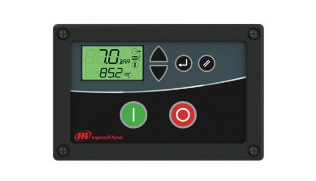Digital display panel of an industrial device showing pressure in bar and temperature in celsius, with operational buttons and an Arle Compressors of Florida logo.